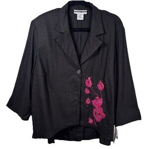 Dana Kay Women's Black Blazer size 18W Pink Floral Sequin embroidered jacket VTG